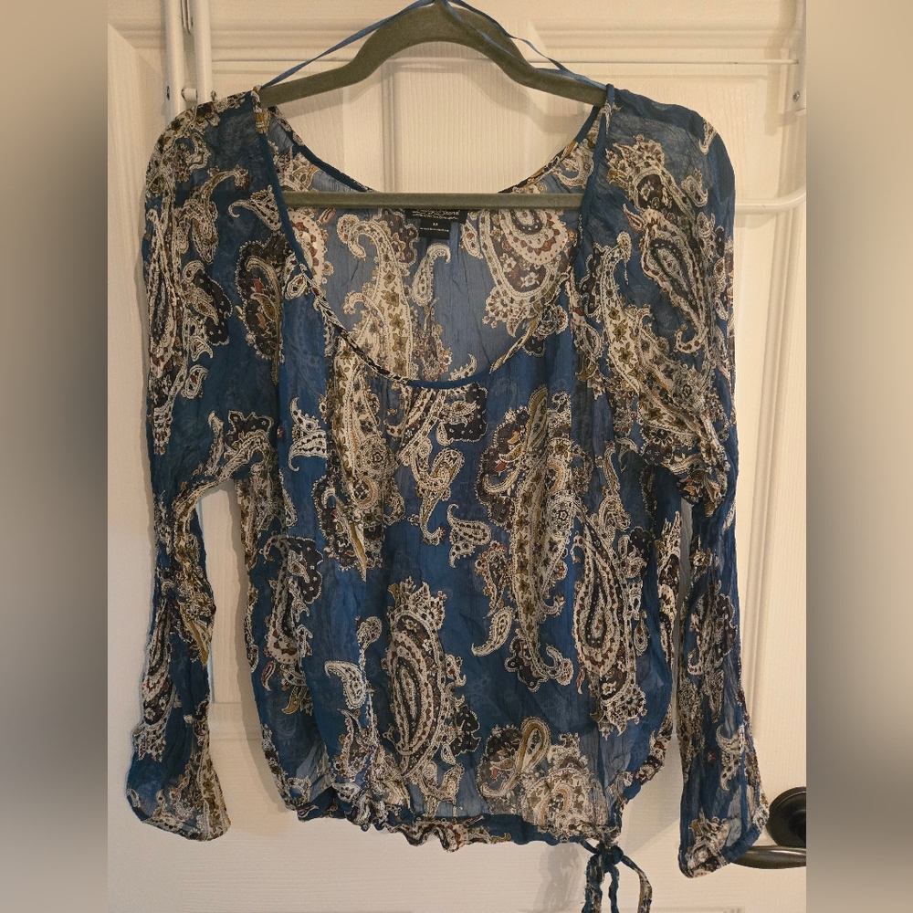 Lucky Brand Tan/ Turquouse 3/4 Sleeve Tie Front Blouse